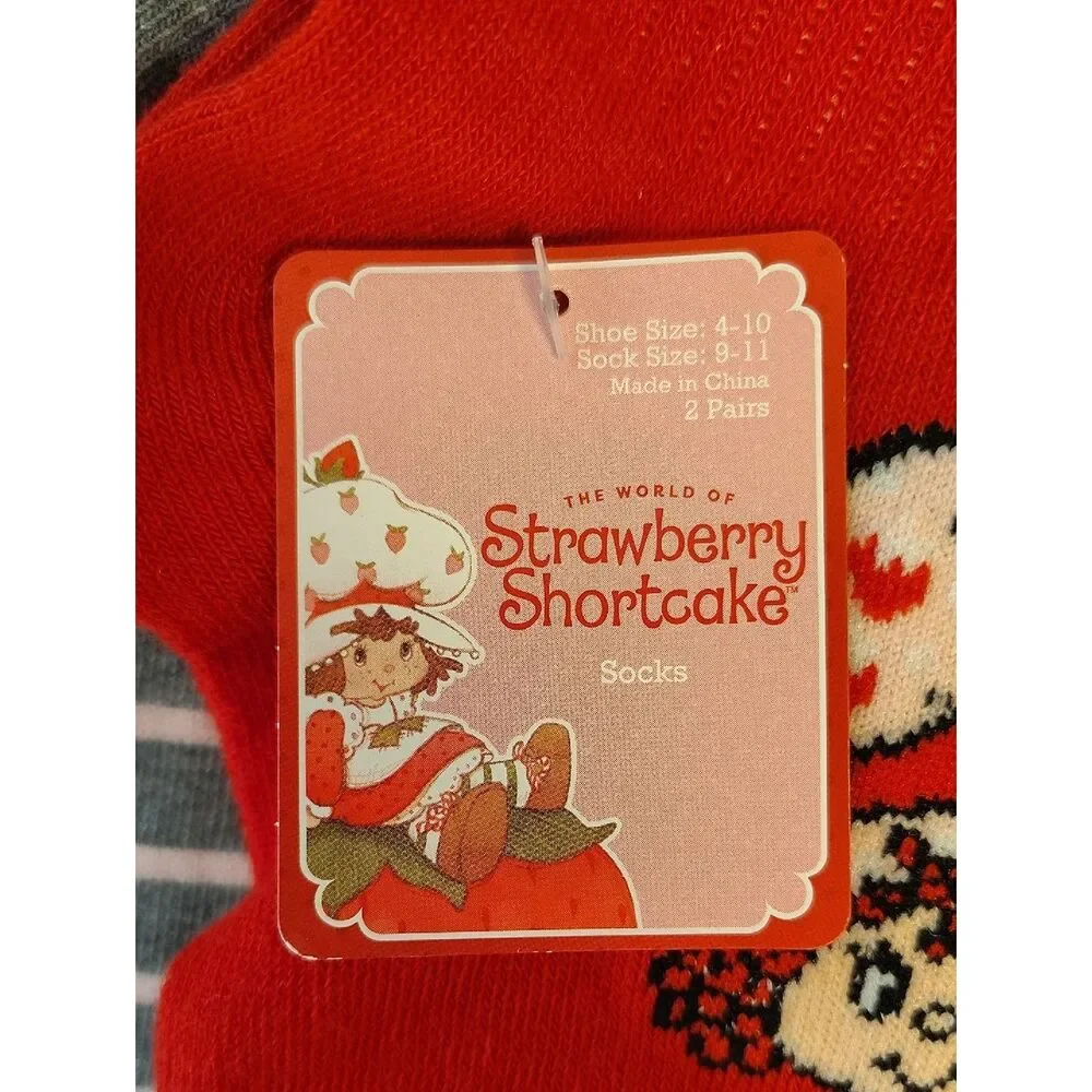 Strawberry Shortcake 2 Pairs‎ Red & Gray Printed Crew Socks NWT